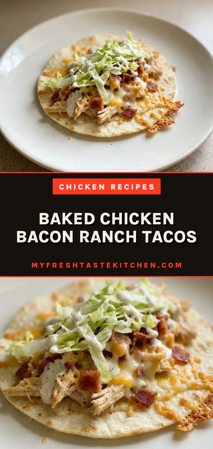 Baked chicken bacon ranch tacos with crispy golden tortillas, melted cheese, and shredded lettuce visible on top.