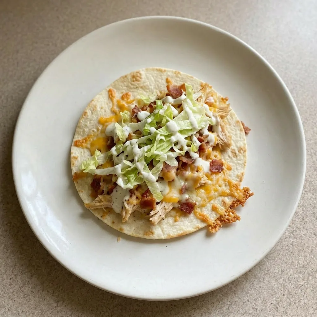 A plate of flour tortillas filled with chicken, bacon, shredded lettuce, and melted mozzarella and cheddar cheese, topped with ranch dressing.