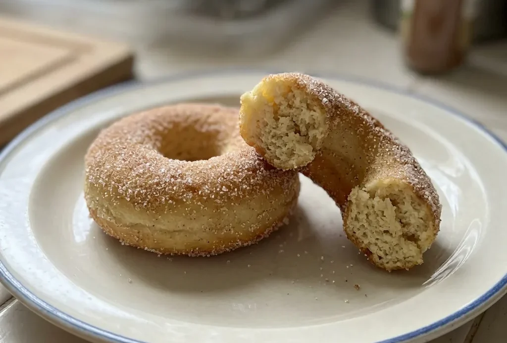 Top-down look at three ring-shaped donuts with cinnamon sugar coating on a white surface.