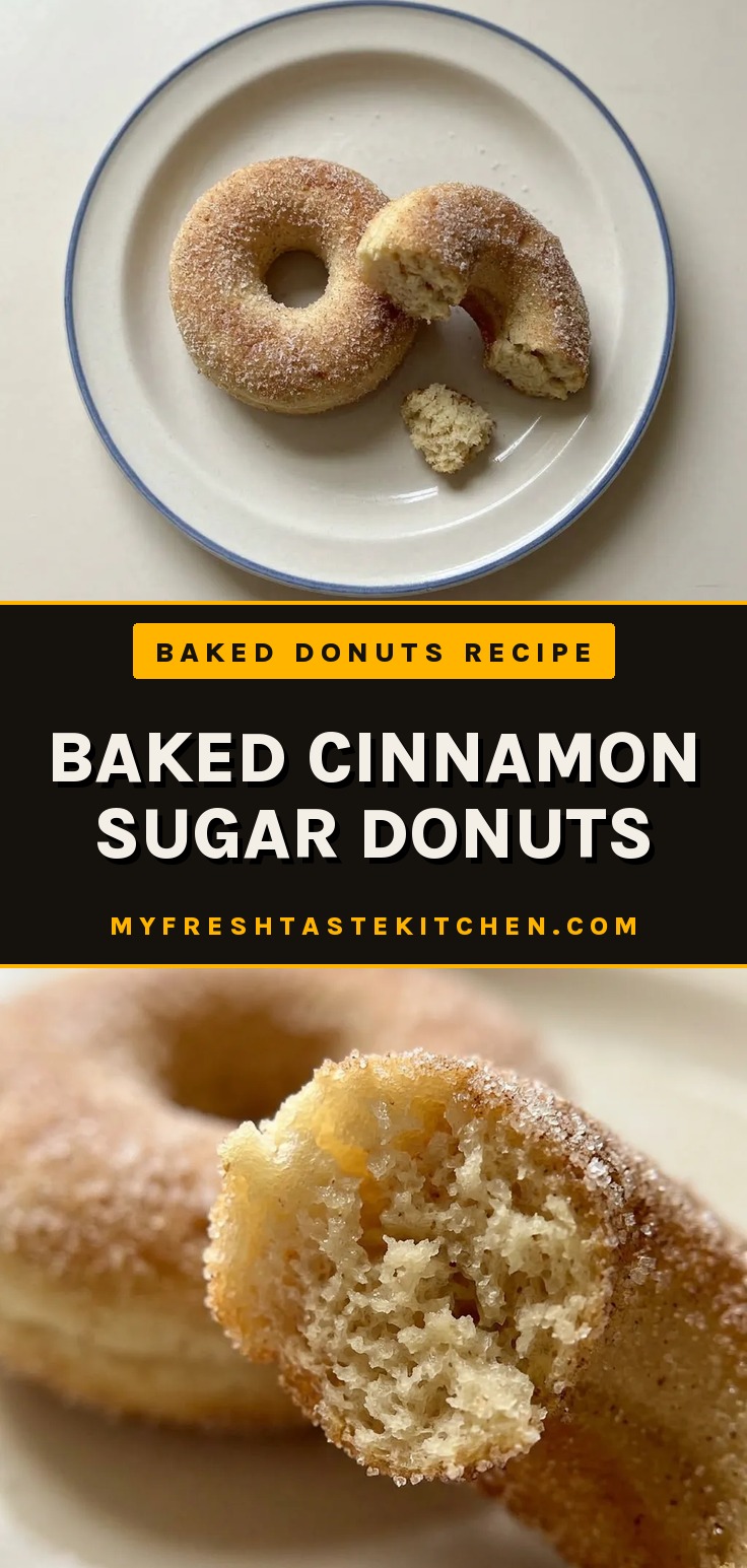 Cinnamon sugar donuts, baked donuts with butter coating, moist baked donuts on a cooling rack.