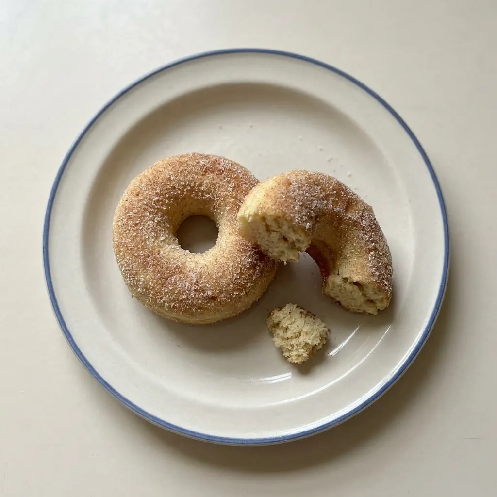 A serving of two cinnamon sugar donuts with vanilla glaze drizzled on top.