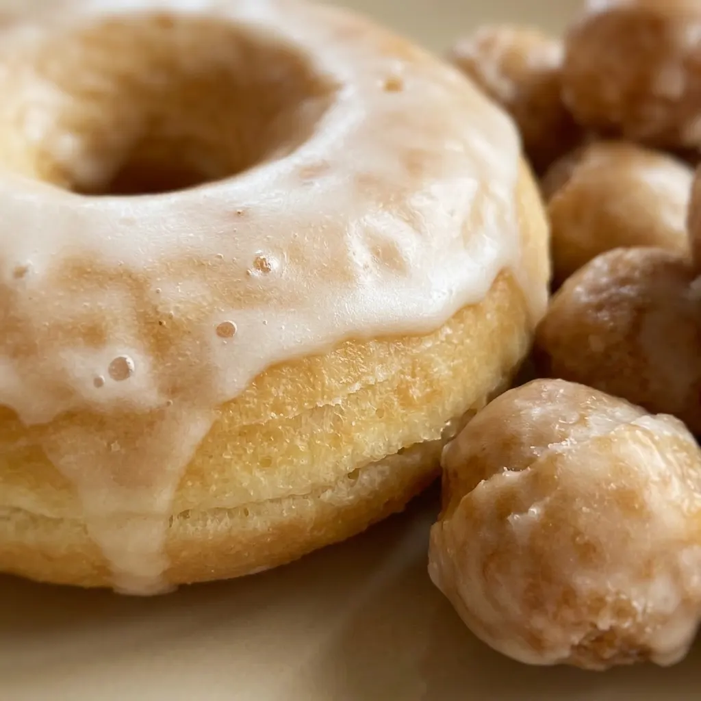 Zoomed in on a glazed donut with a glossy white icing, a small pool of melted butter visible on the plate.