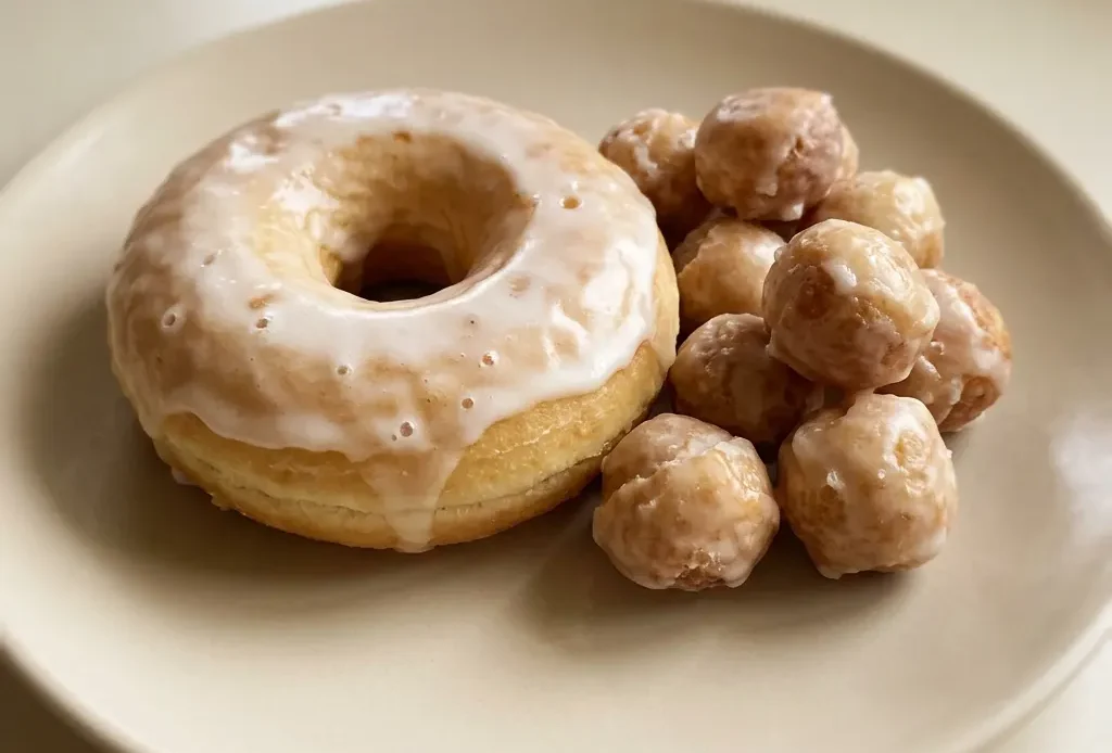 Bird's-eye view of two glazed donuts on a white plate, one whole and one halved, showing a light golden crumb.
