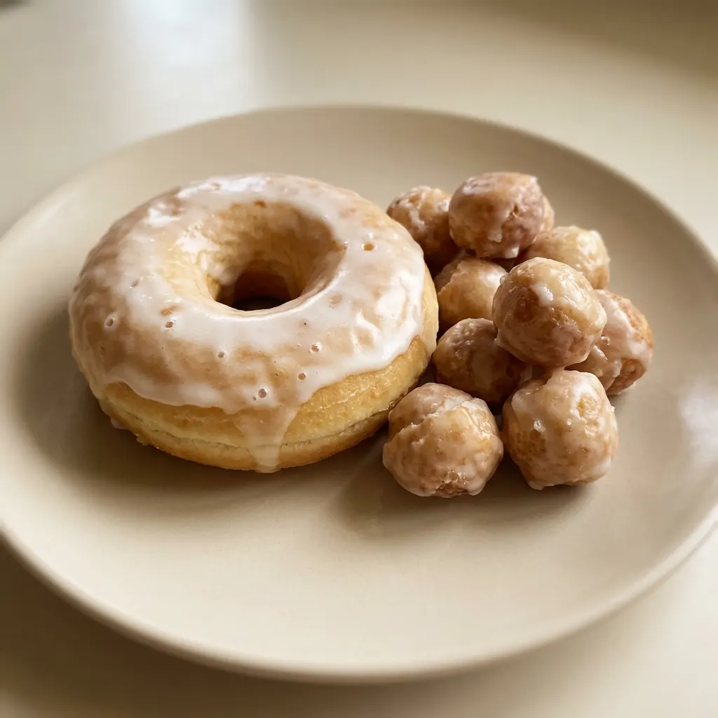 Bird's-eye view of two glazed donuts on a white plate, one whole and one halved, showing a light golden crumb.