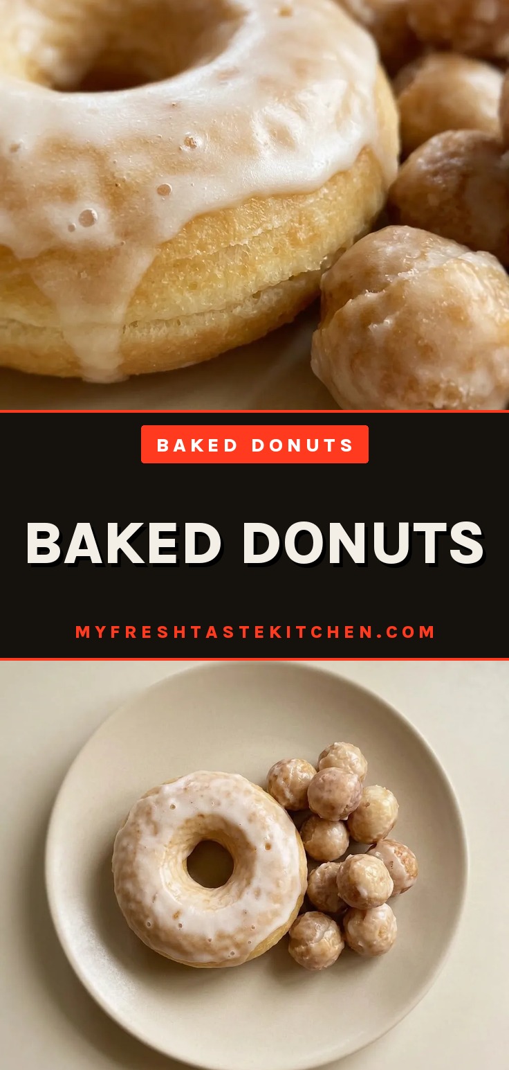 Baked donuts with glossy white vanilla glaze, showing soft golden crumb underneath.