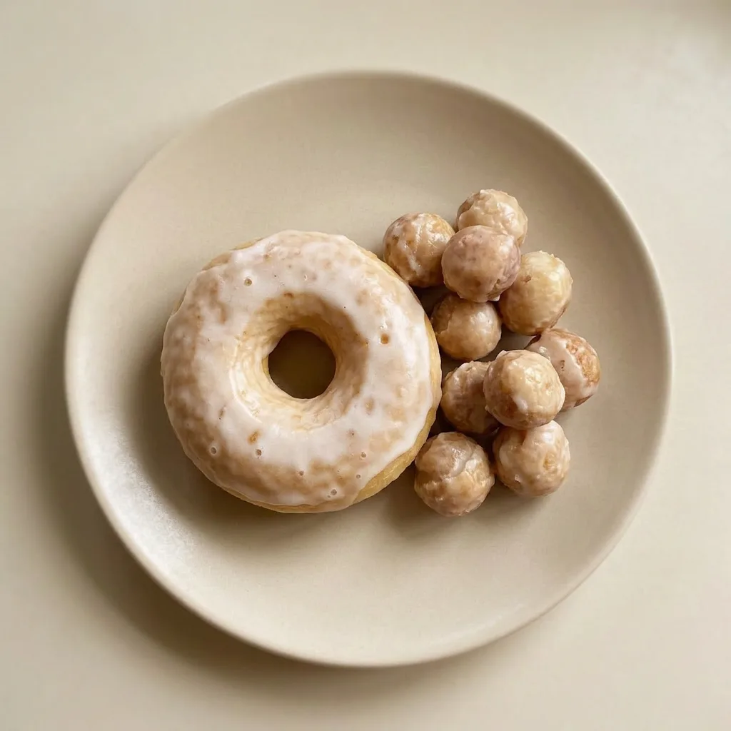 Ready to serve: a stack of three baked donuts drizzled with vanilla glaze, with a glass of milk beside them.