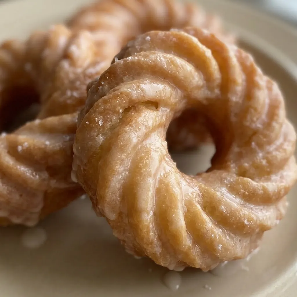 Up close, a golden cruller donut with a glossy vanilla glaze and visible airy holes.