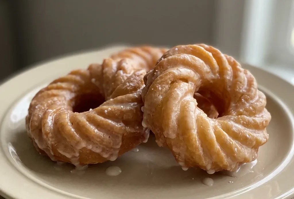 Looking down at three glazed cruller donuts arranged in a triangle on a white surface.