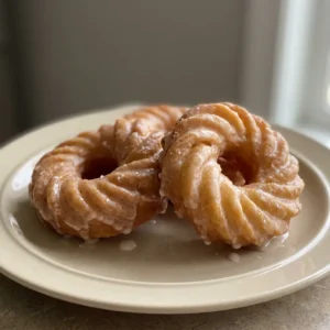 Looking down at three glazed cruller donuts arranged in a triangle on a white surface.