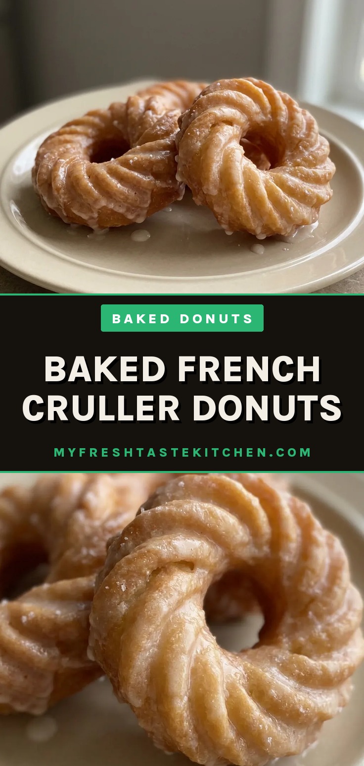 Baked French cruller donuts with vanilla glaze, golden brown with a light crumb.