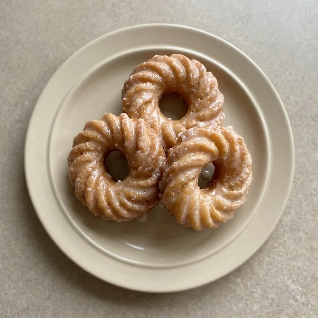 A plate of four cruller donuts dusted with powdered sugar, served with a glass of milk.