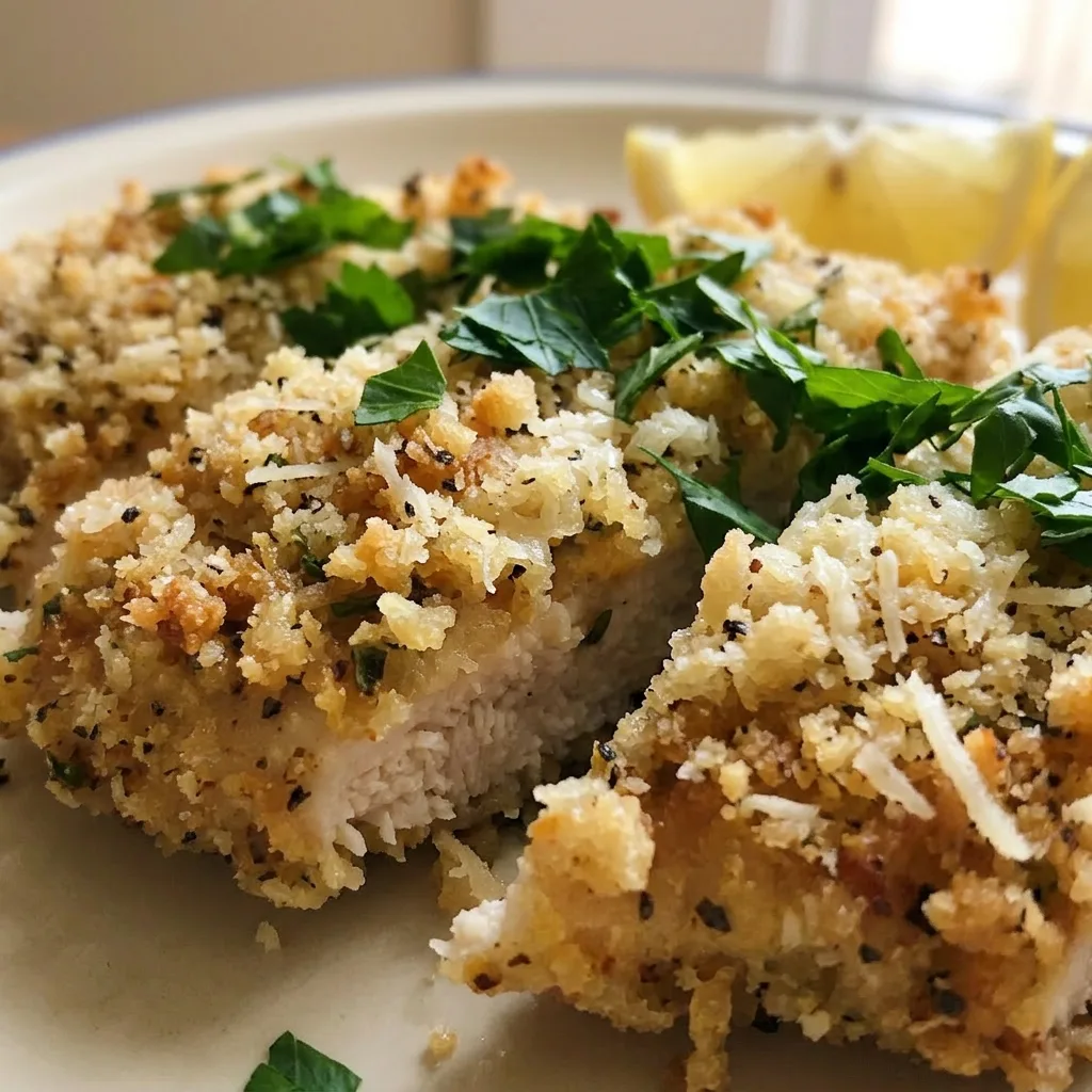 Macro detail of a chicken cutlet with a crispy Parmesan and breadcrumb crust, showing browned cheese and crumb texture.