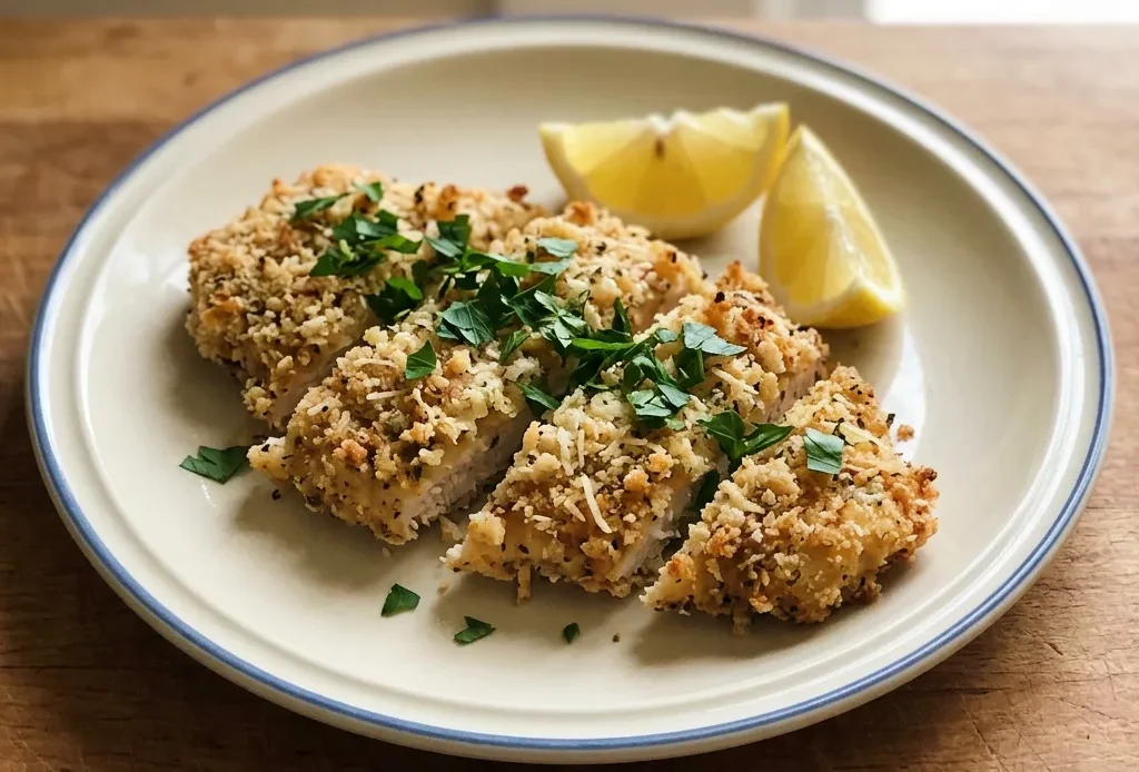 Top-down look at two breaded chicken cutlets topped with melted Parmesan cheese and golden breadcrumbs.