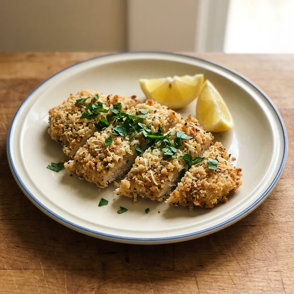 Top-down look at two breaded chicken cutlets topped with melted Parmesan cheese and golden breadcrumbs.