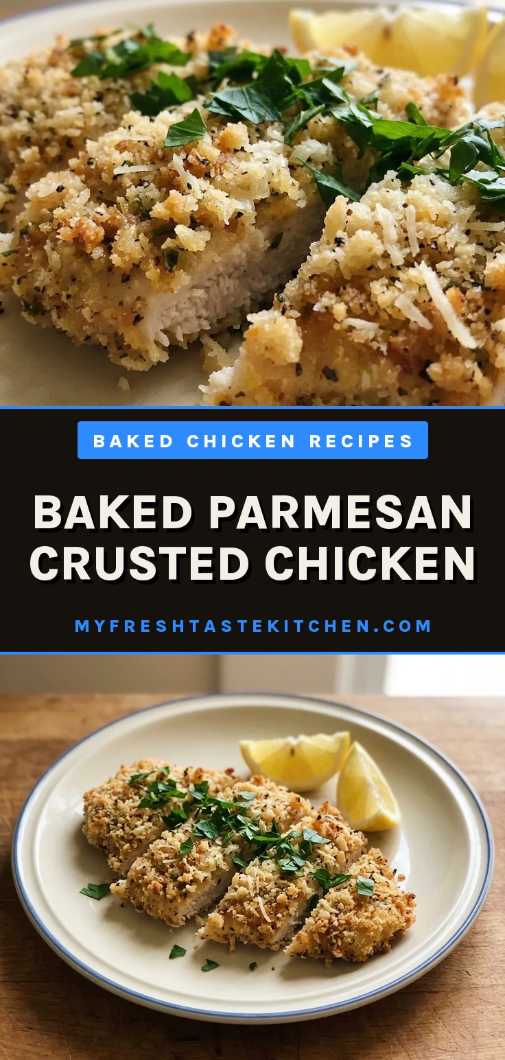 Top-down look at two breaded chicken cutlets topped with melted Parmesan cheese and golden breadcrumbs.