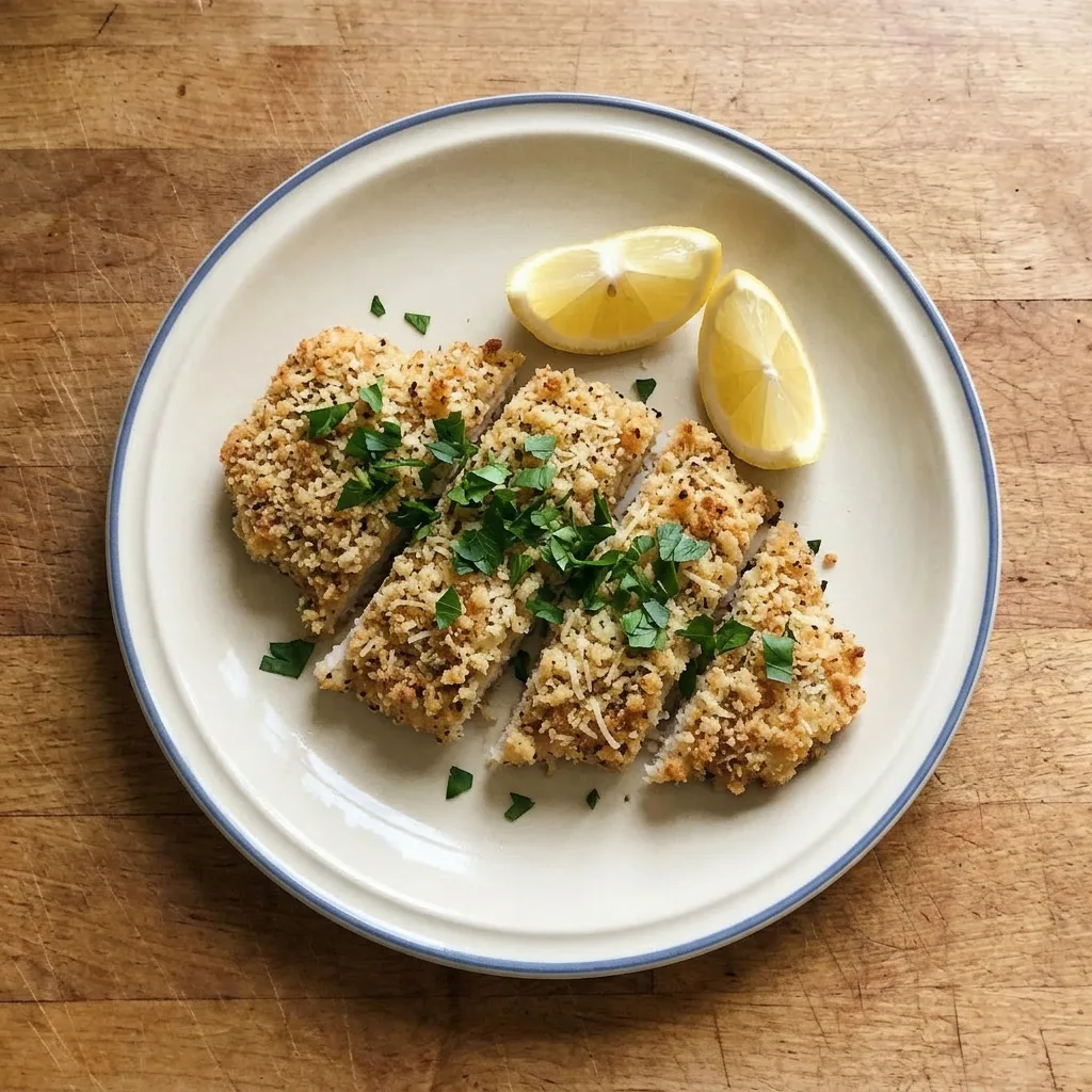 A serving of Parmesan crusted chicken cutlets, breaded and baked with a golden, cheesy topping.
