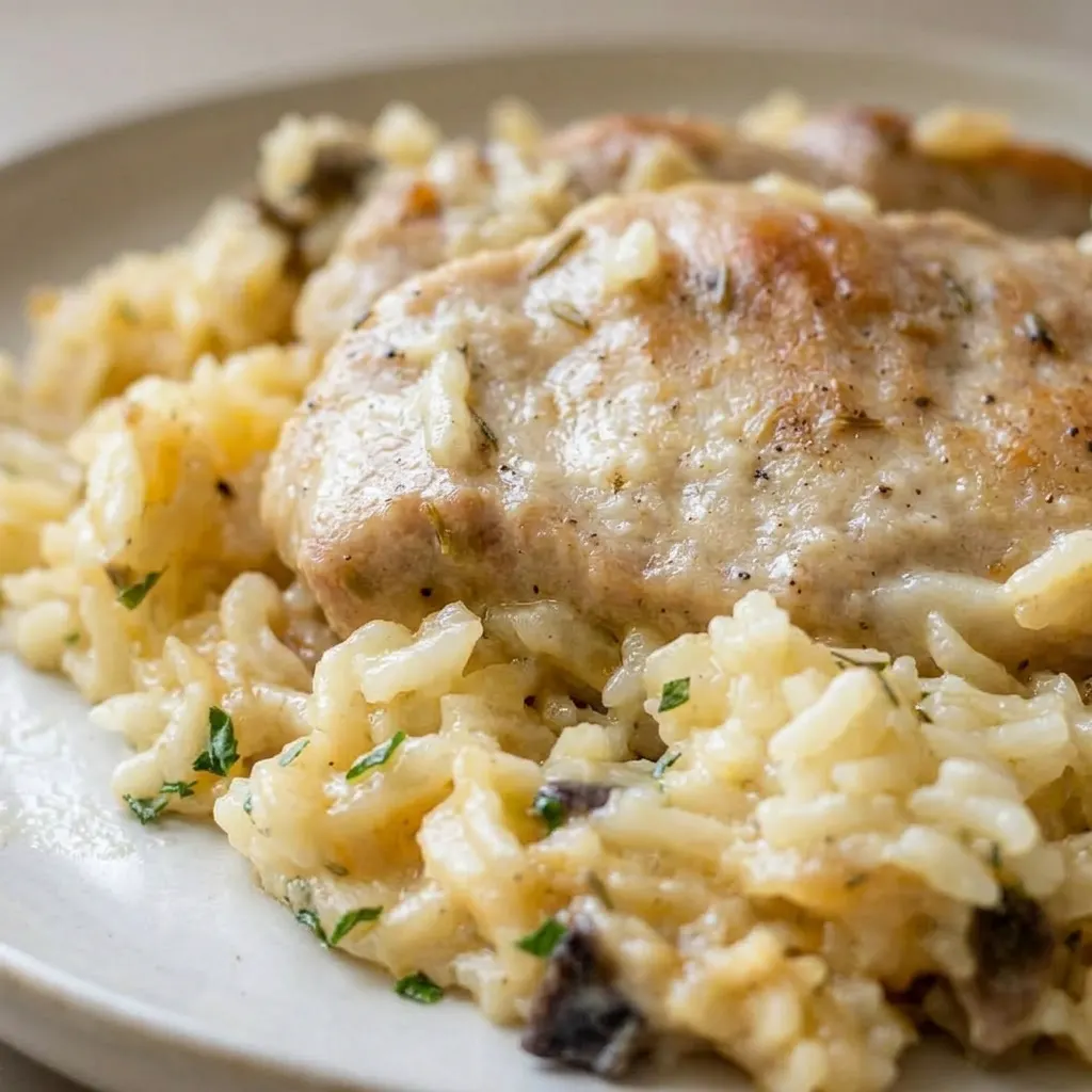 Macro detail of a pork chop with a golden crust, resting on rice with visible mushroom pieces.