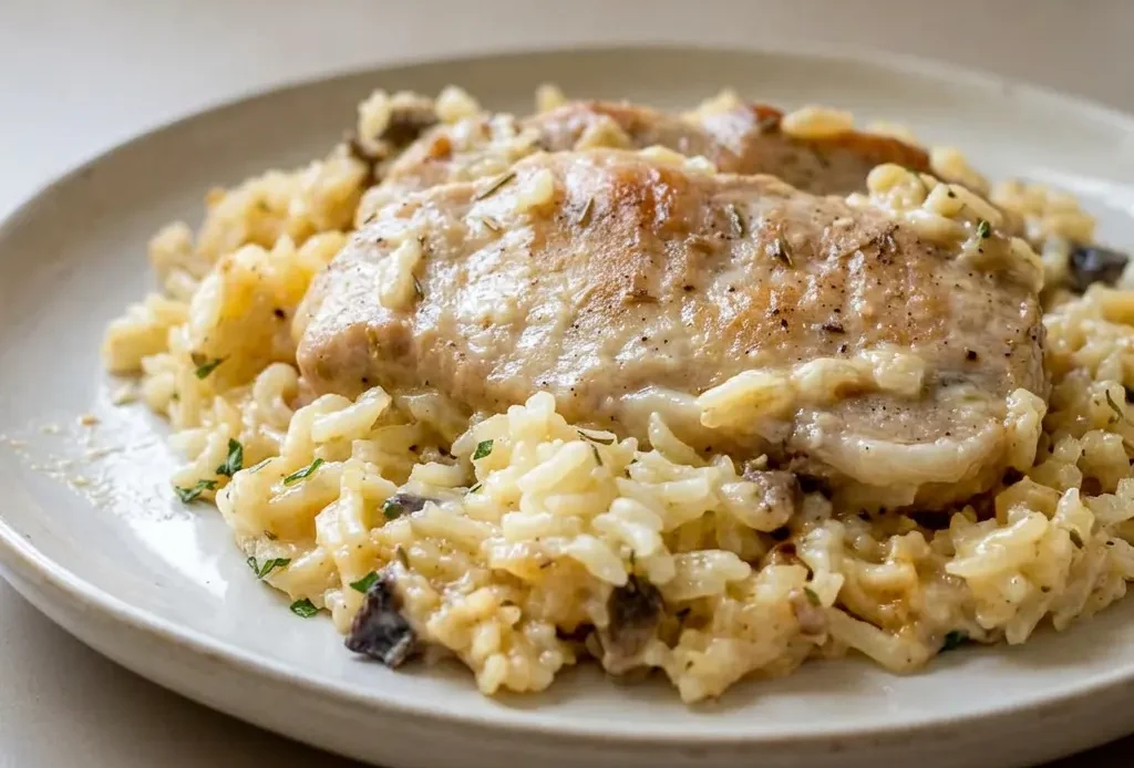 Top-down look at two breaded pork chops on a bed of creamy rice, garnished with parsley.