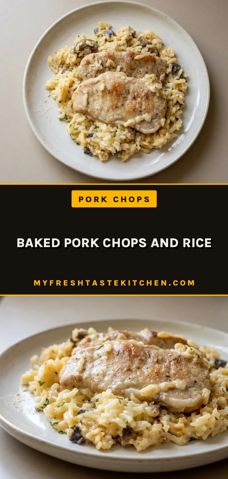 Top-down look at two breaded pork chops on a bed of creamy rice, garnished with parsley.