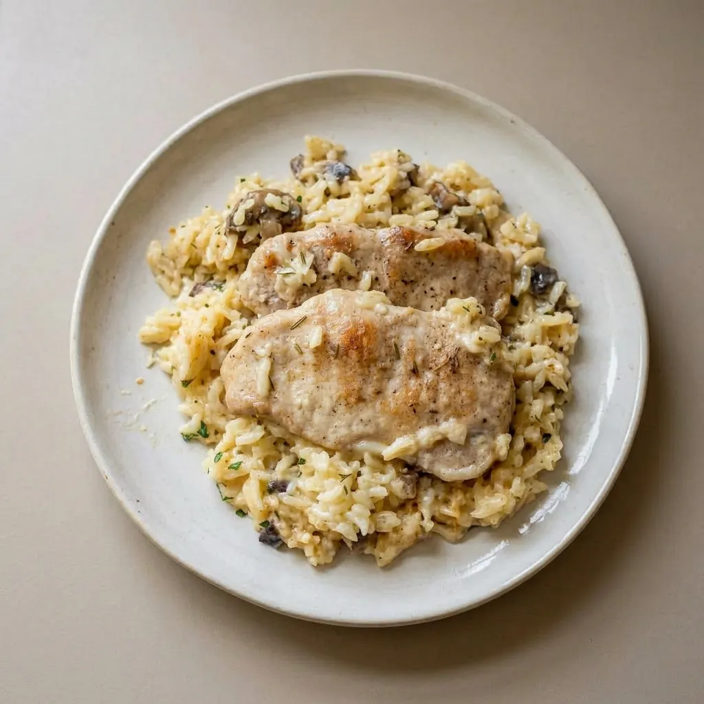 A serving of one pork chop atop rice, drizzled with creamy sauce and sprinkled with paprika.