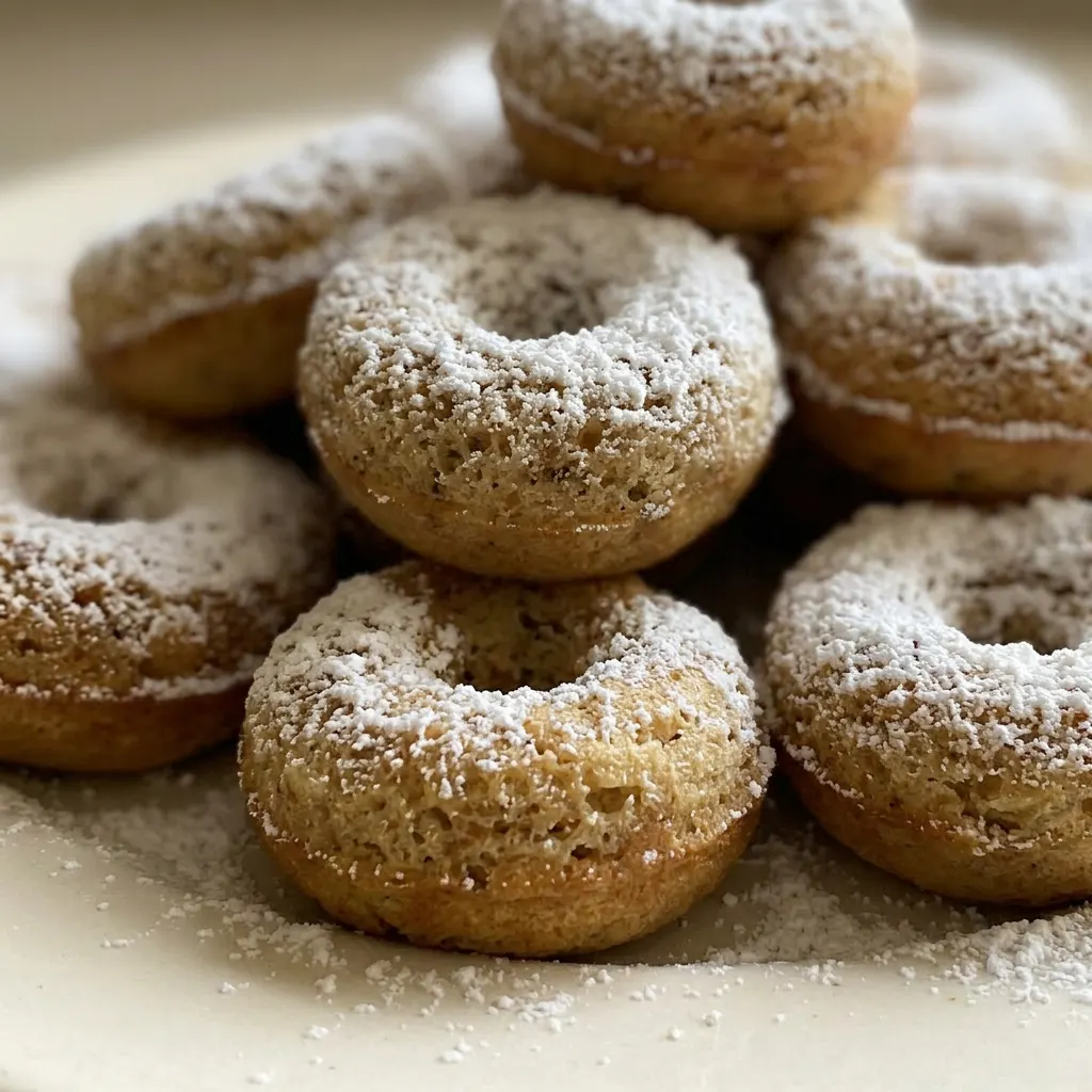 Up close, a donut topped with powdered sugar, with a golden-brown crumb and specks of cinnamon and nutmeg.
