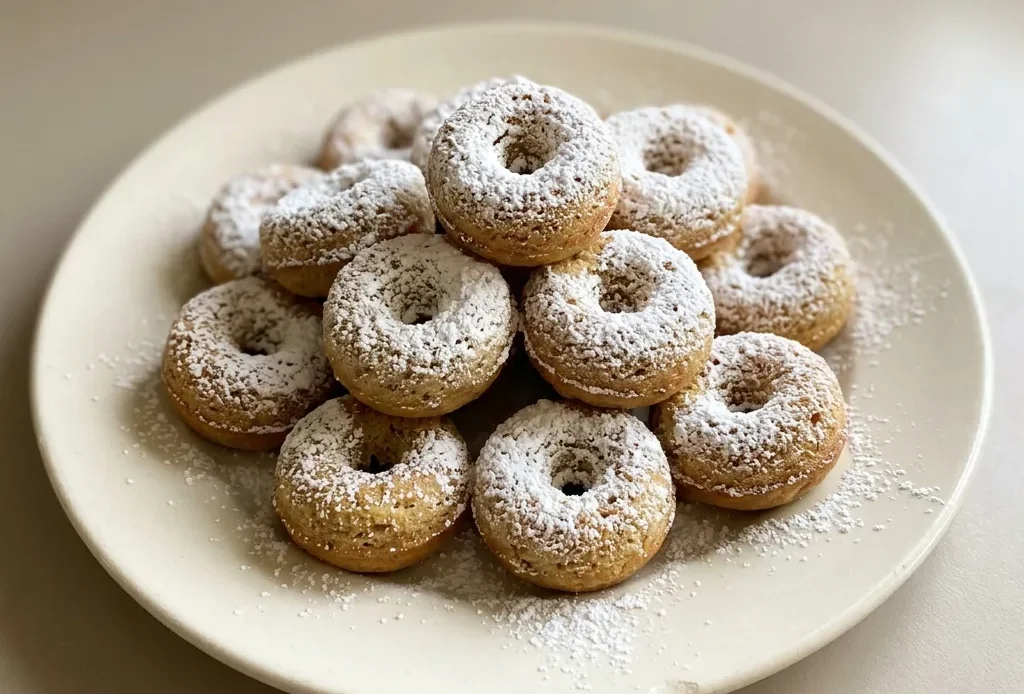 Looking down at three round donuts with a dusting of white powdered sugar and a hint of cinnamon and nutmeg.