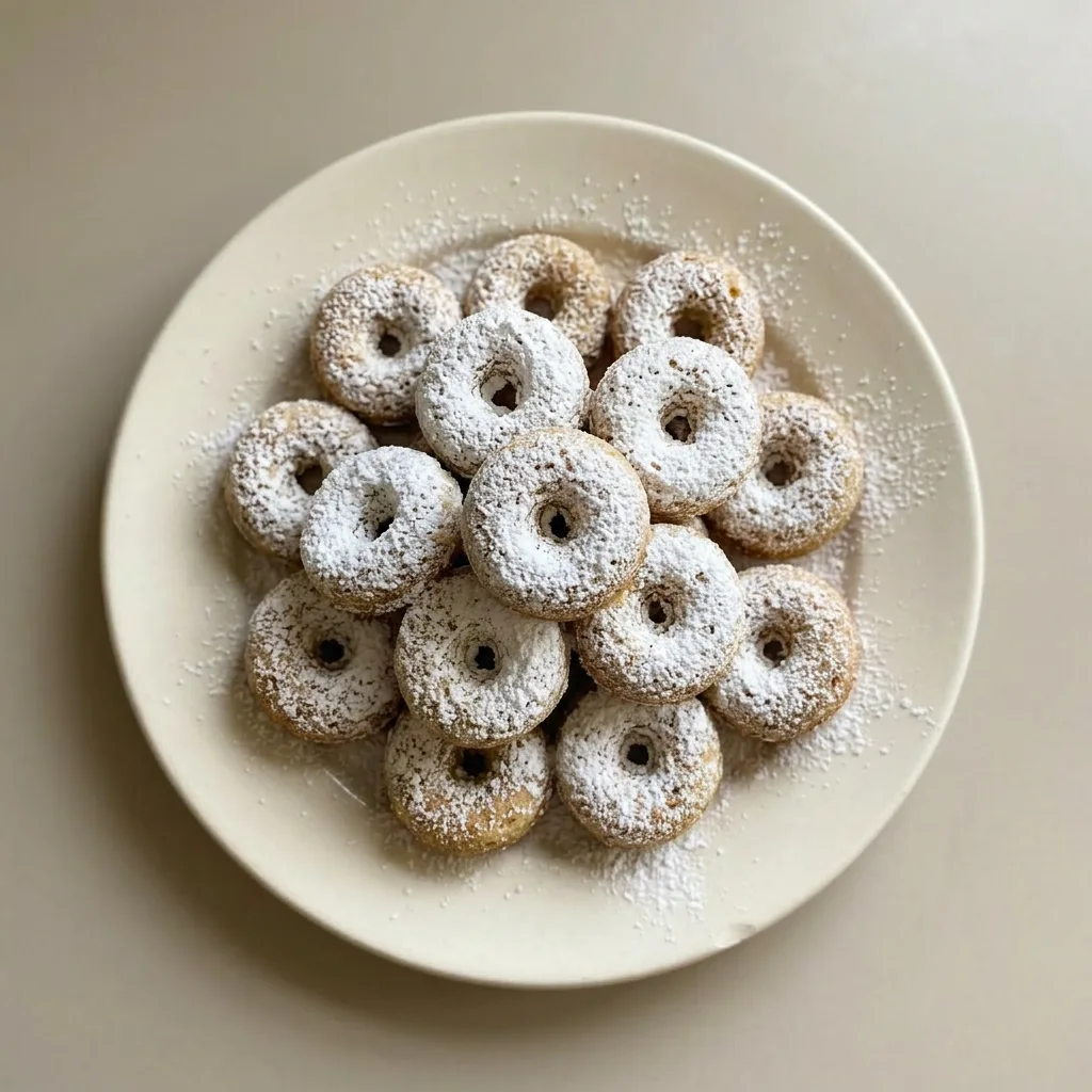 A plate of donuts coated in powdered sugar, with warm spices visible on the surface.
