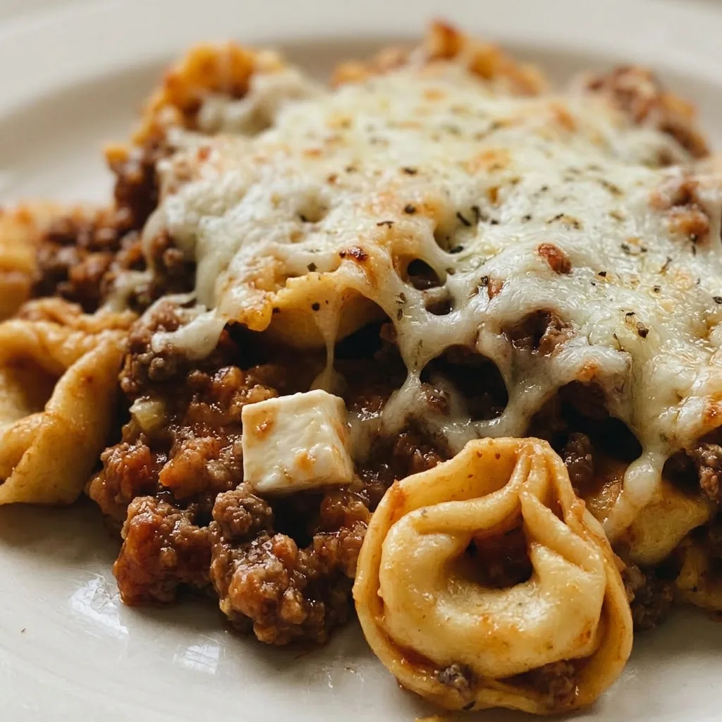 Zoomed in on a fork lifting a cheesy tortellini with meat sauce, revealing gooey mozzarella and creamy layers.