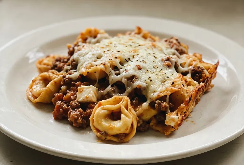 Bird's-eye view of a casserole dish filled with cheese tortellini and ground beef in red sauce, topped with melted mozzarella and Parmesan.