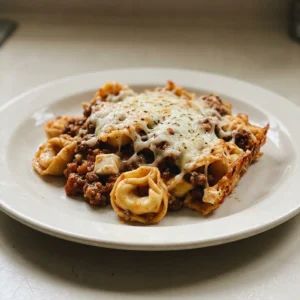 Bird's-eye view of a casserole dish filled with cheese tortellini and ground beef in red sauce, topped with melted mozzarella and Parmesan.