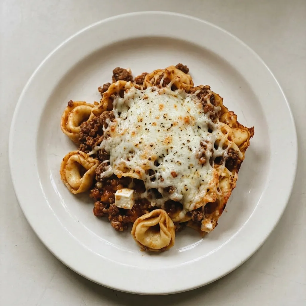 Ready to serve: A generous portion of baked tortellini casserole, with browned ground beef, cream cheese swirls, and a bubbly mozzarella-Parmesan crust.