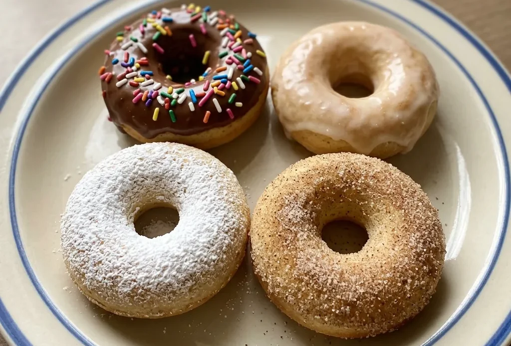 Looking down at three glazed vanilla donuts with speckled nutmeg, arranged in a triangle.