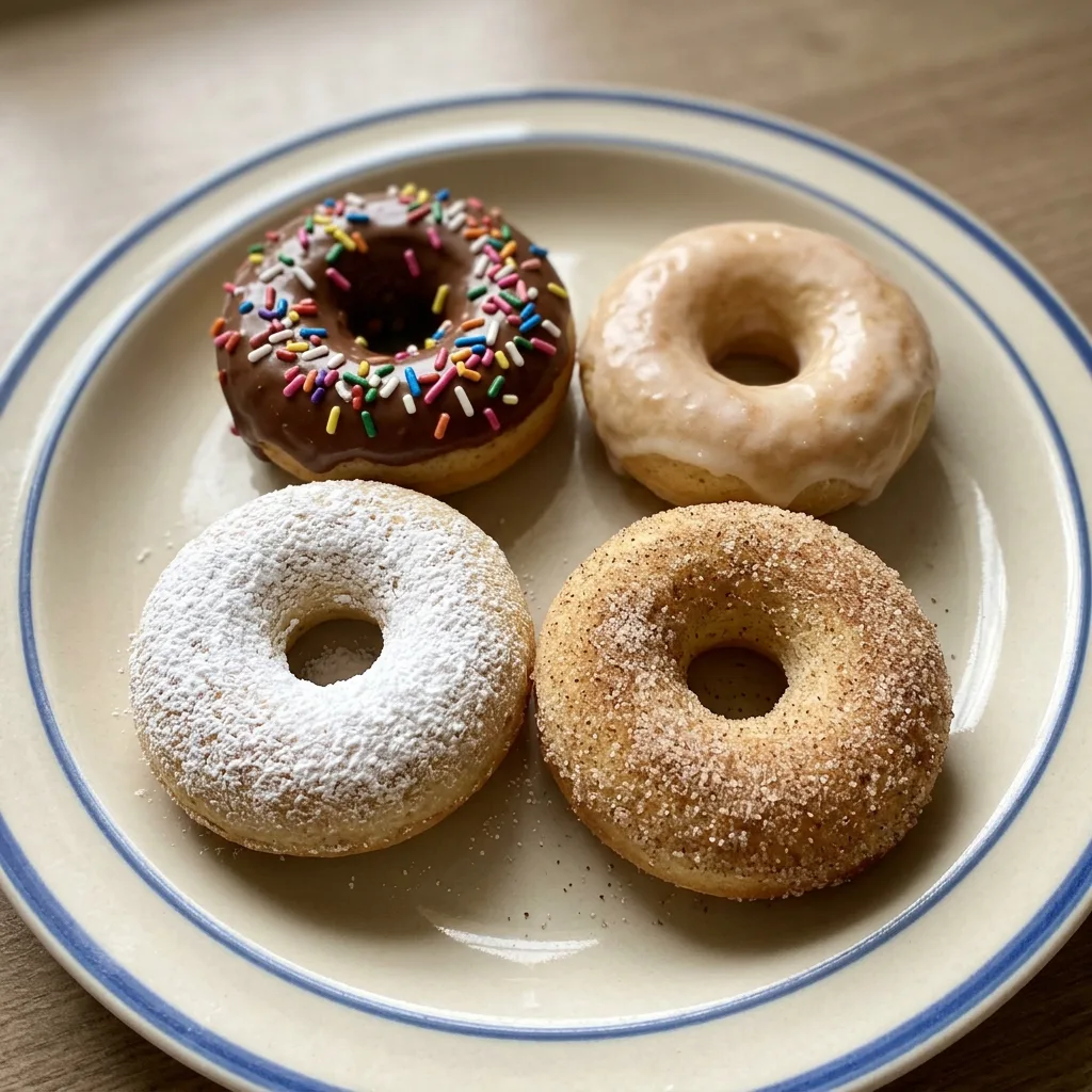 Looking down at three glazed vanilla donuts with speckled nutmeg, arranged in a triangle.