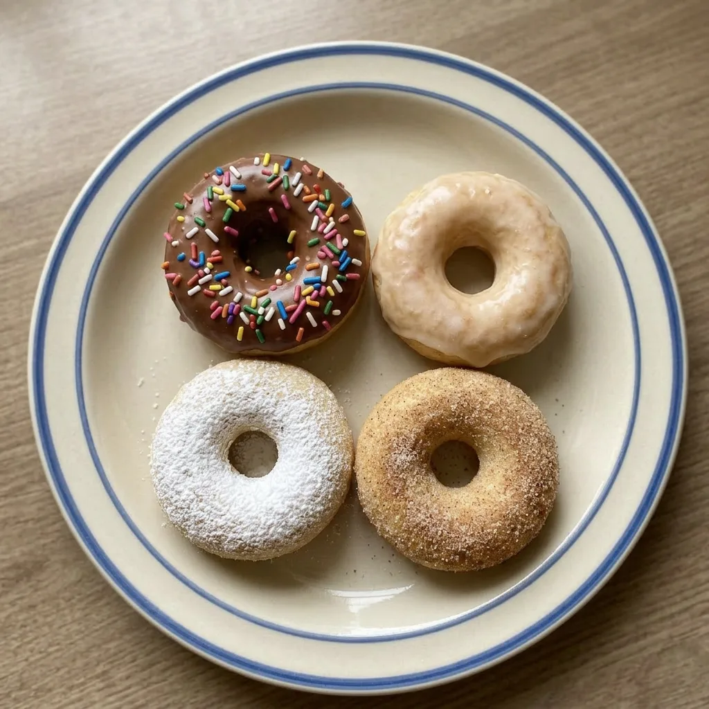 A plate of three baked donuts topped with a smooth vanilla glaze and nutmeg flecks.