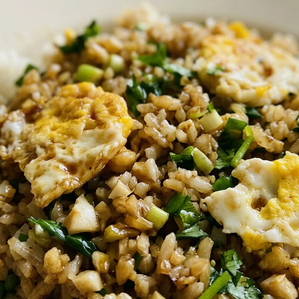 Macro detail of a fried egg with crispy edges over white rice, garnished with garlic slices, scallions, and cilantro, and glistening with dark soy sauce.