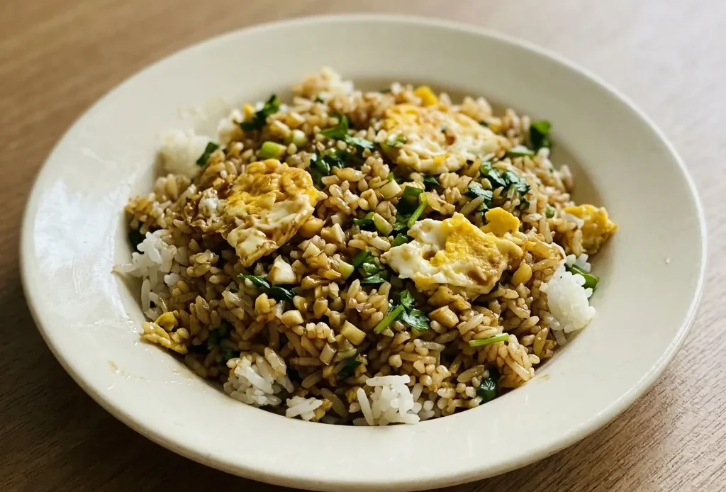 Top-down look at a bowl of rice topped with a fried egg, drizzled with soy and oyster sauces, and scattered with chopped scallions and cilantro.