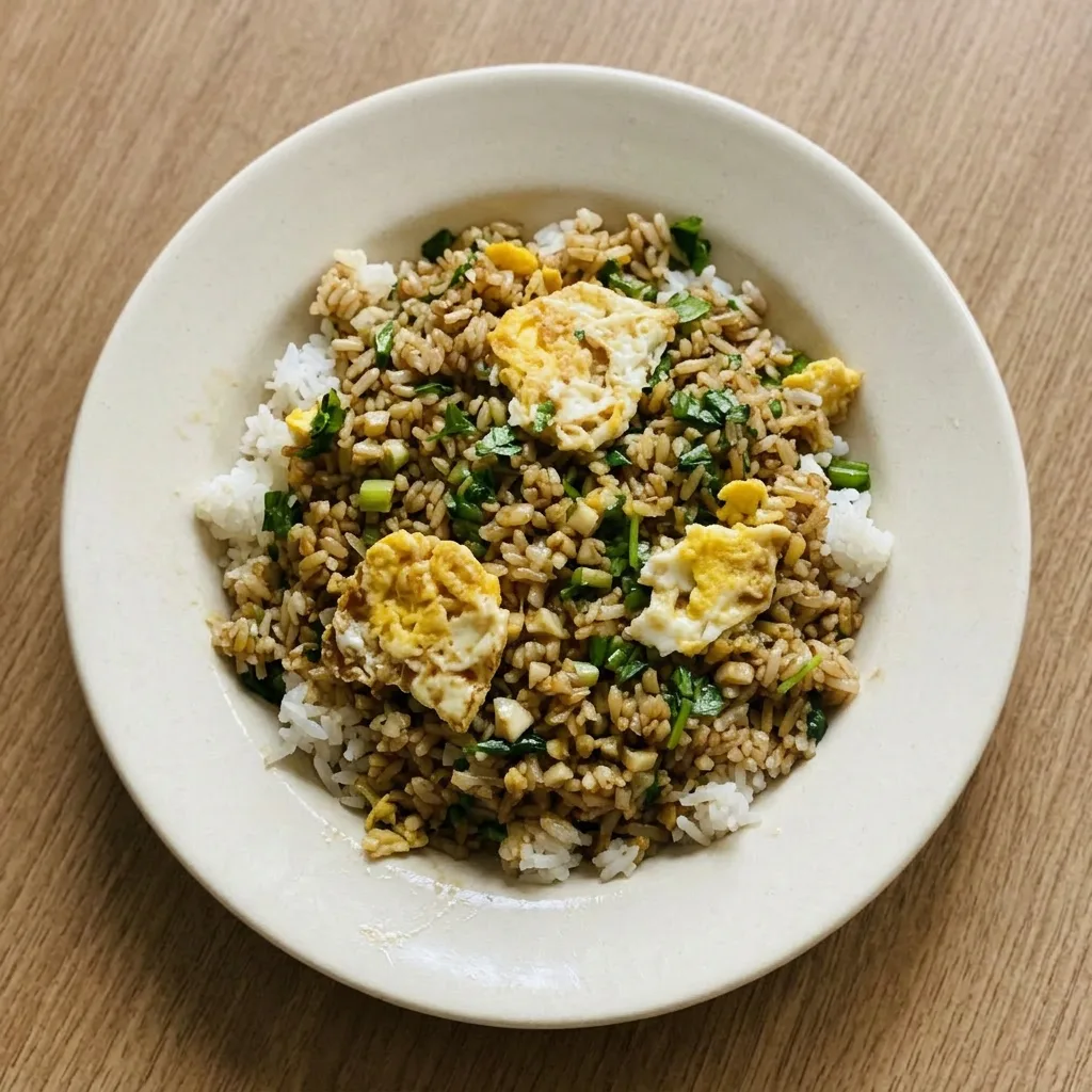 A serving of rice with a sunny-side-up egg, sauce streaks of oyster and soy, and fresh scallion and cilantro toppings.