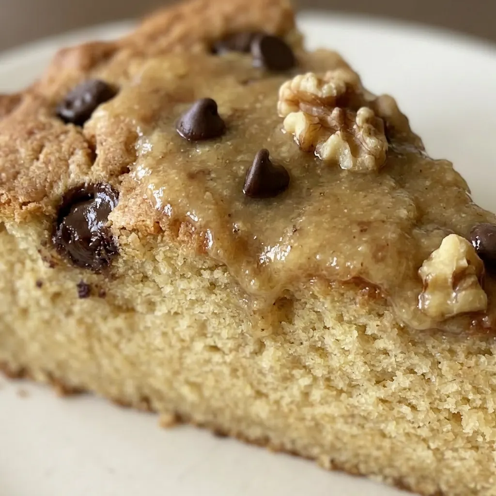 Macro detail of a banana bread slice showing melted chocolate chips and banana pieces.