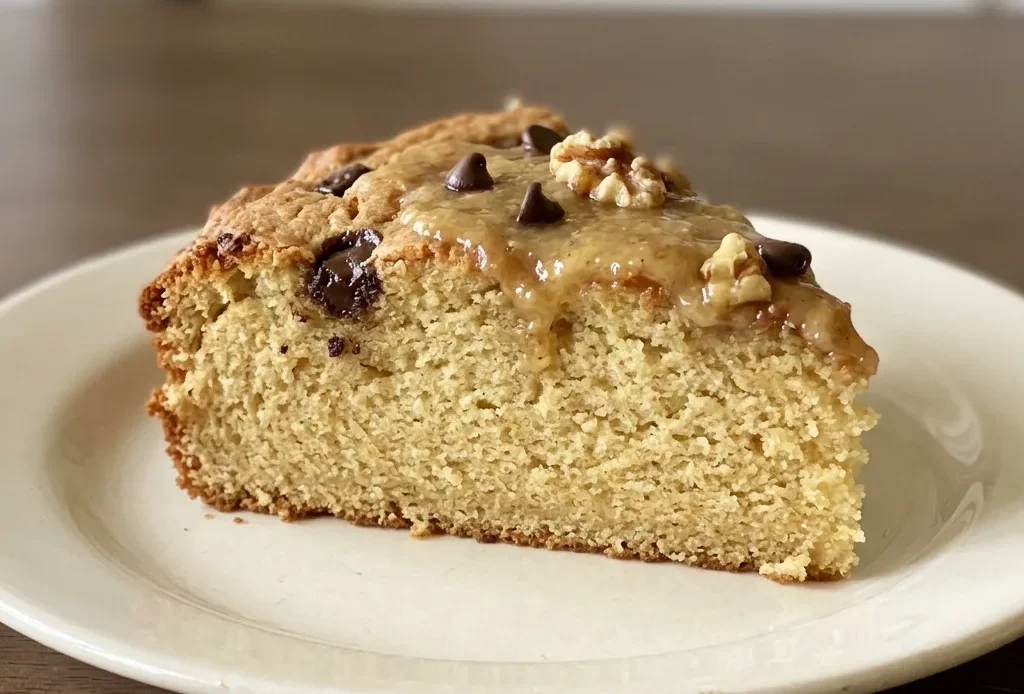 Top-down look at a sliced banana bread loaf with chocolate chips visible on top and inside.
