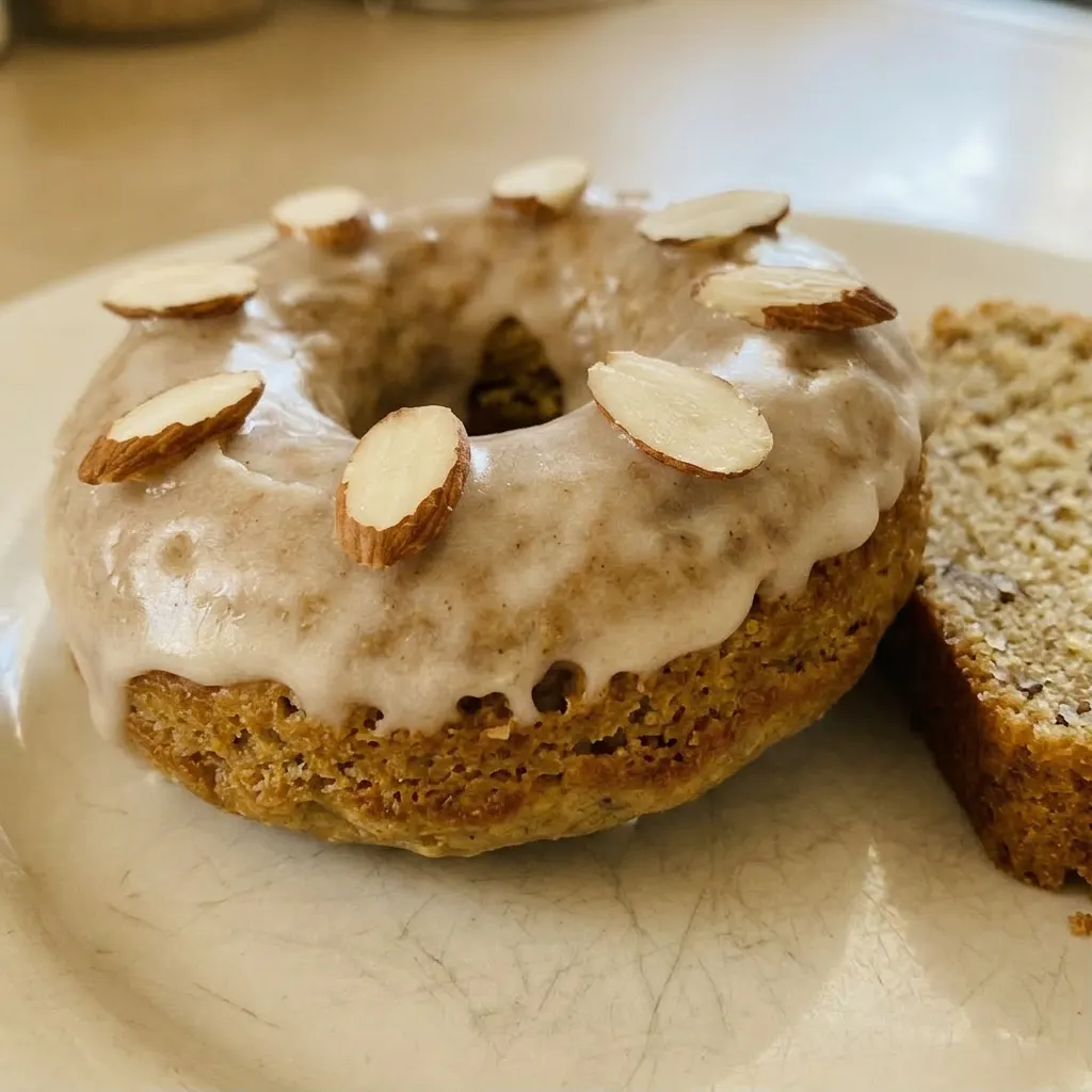 Close view of a banana bread donut topped with banana slices and almond pieces, cinnamon dusted.