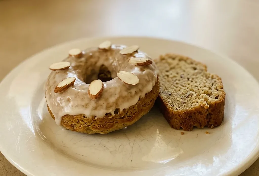 Overhead shot of two banana bread donuts with sliced almonds and cinnamon on top.