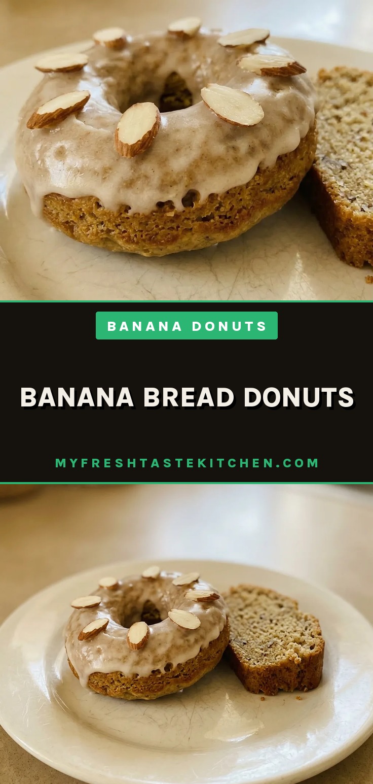 Banana bread donuts with almond-topped banana bread glaze and cinnamon sugar donuts visible on a cooling rack.