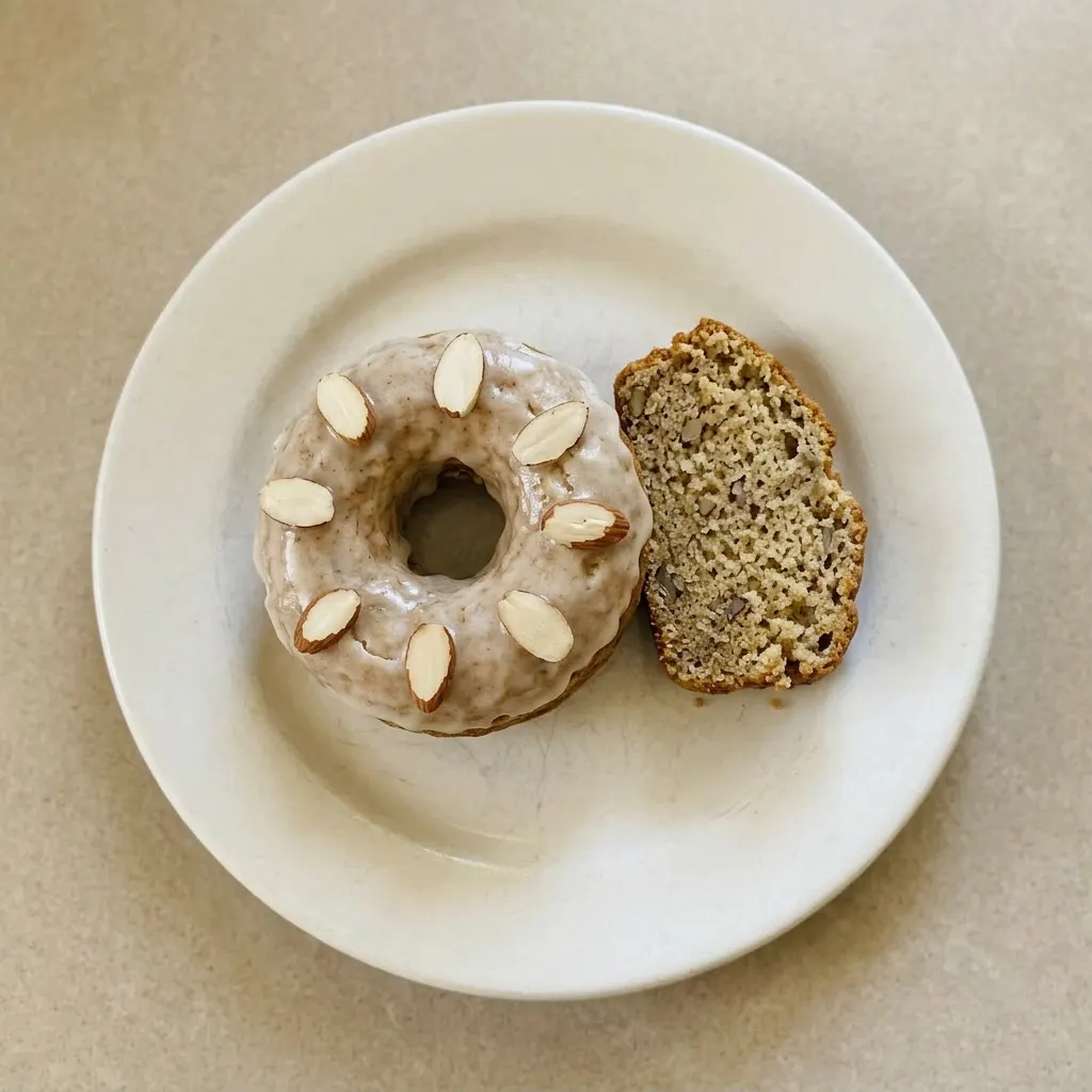 Plated donut with visible banana and almond toppings, cinnamon sprinkled on top.