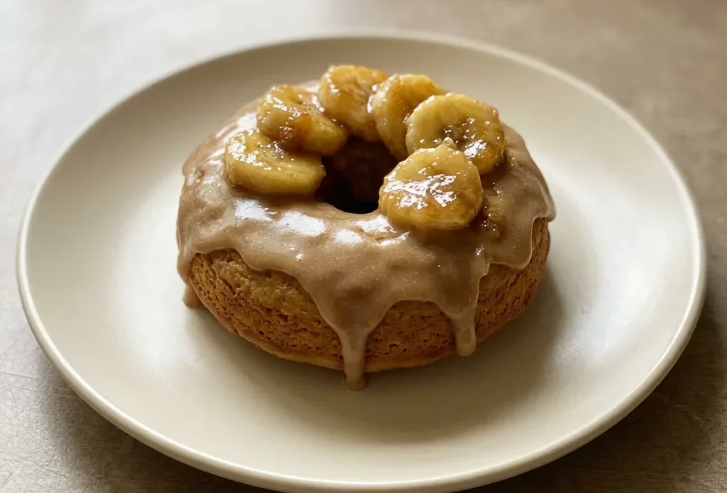Top-down look at two round donuts with brown sugar glaze dripping over the edges and banana slices on top.