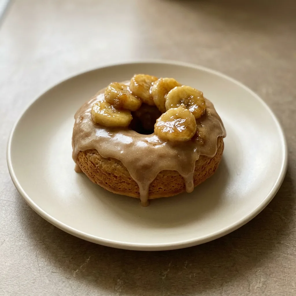 Top-down look at two round donuts with brown sugar glaze dripping over the edges and banana slices on top.