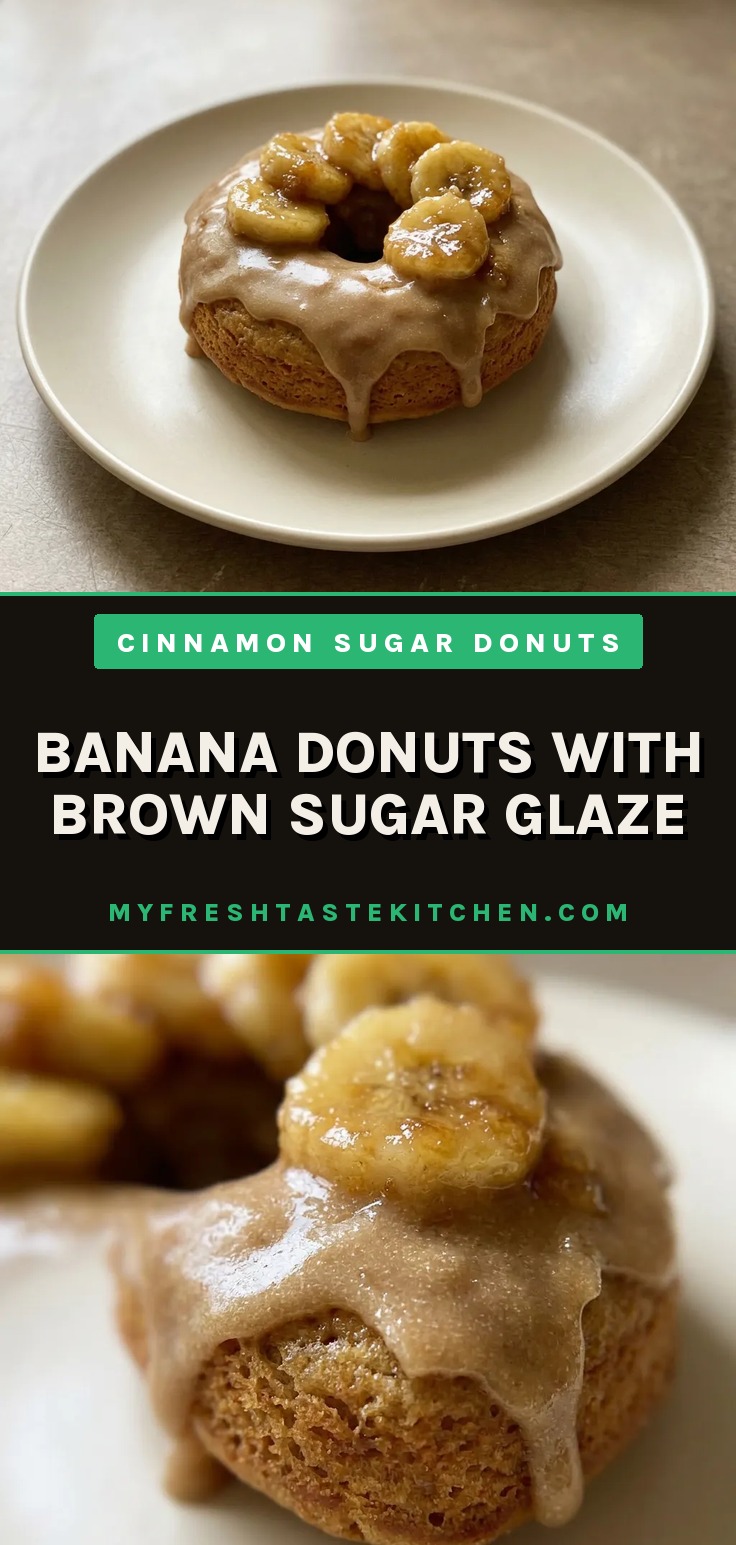 Banana donuts with brown sugar glaze topped with caramelized banana slices and cinnamon.