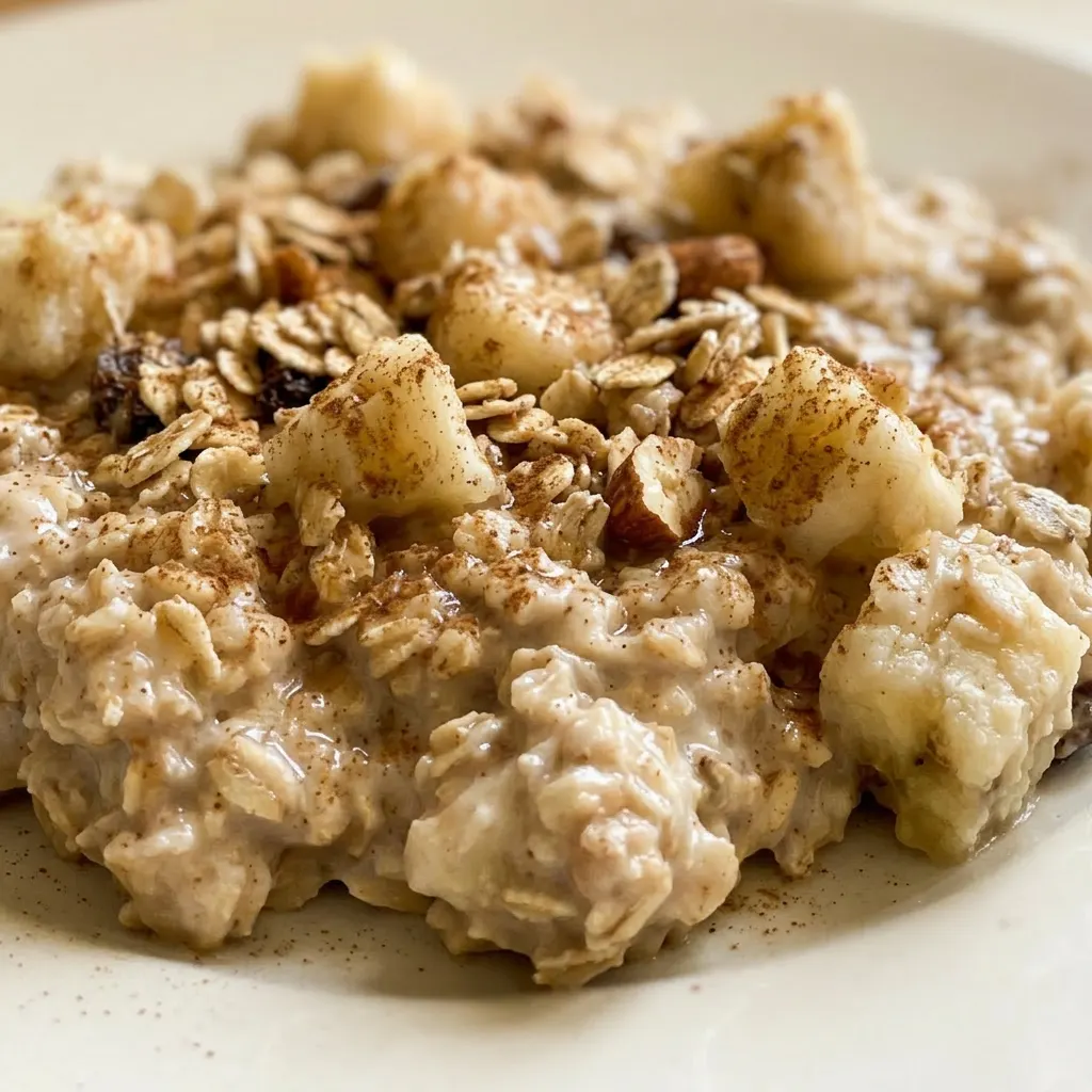 Macro detail of a smoothie surface with banana slices, muesli clusters, and cinnamon dusting.