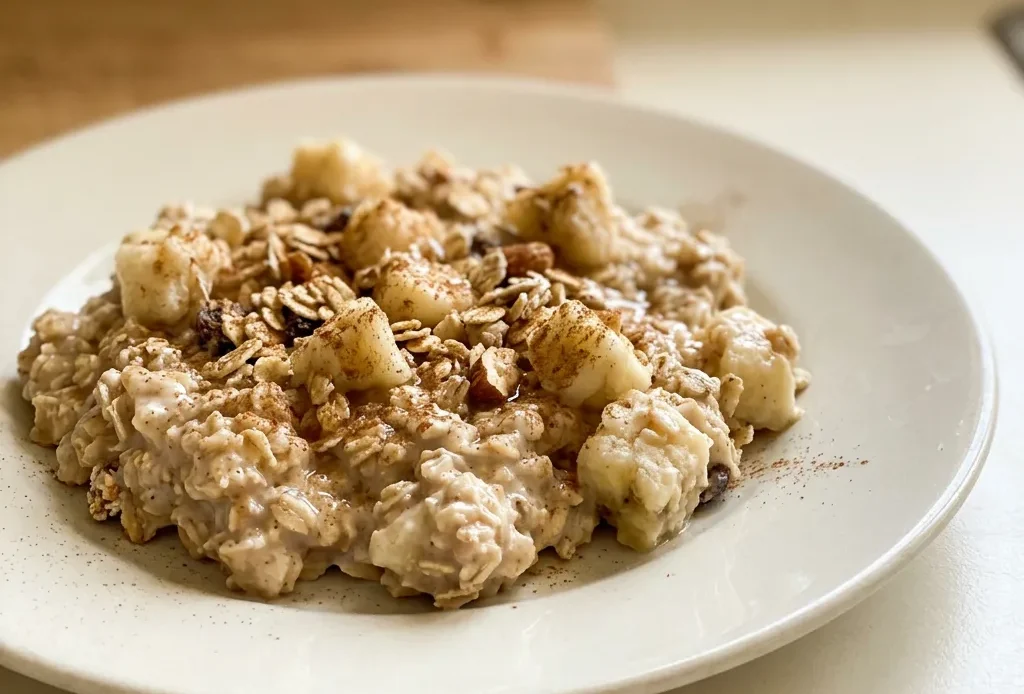 Top-down look at a smoothie bowl with sliced banana, muesli, and cinnamon swirls in thick yogurt.
