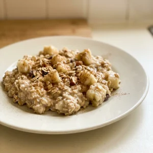 Top-down look at a smoothie bowl with sliced banana, muesli, and cinnamon swirls in thick yogurt.