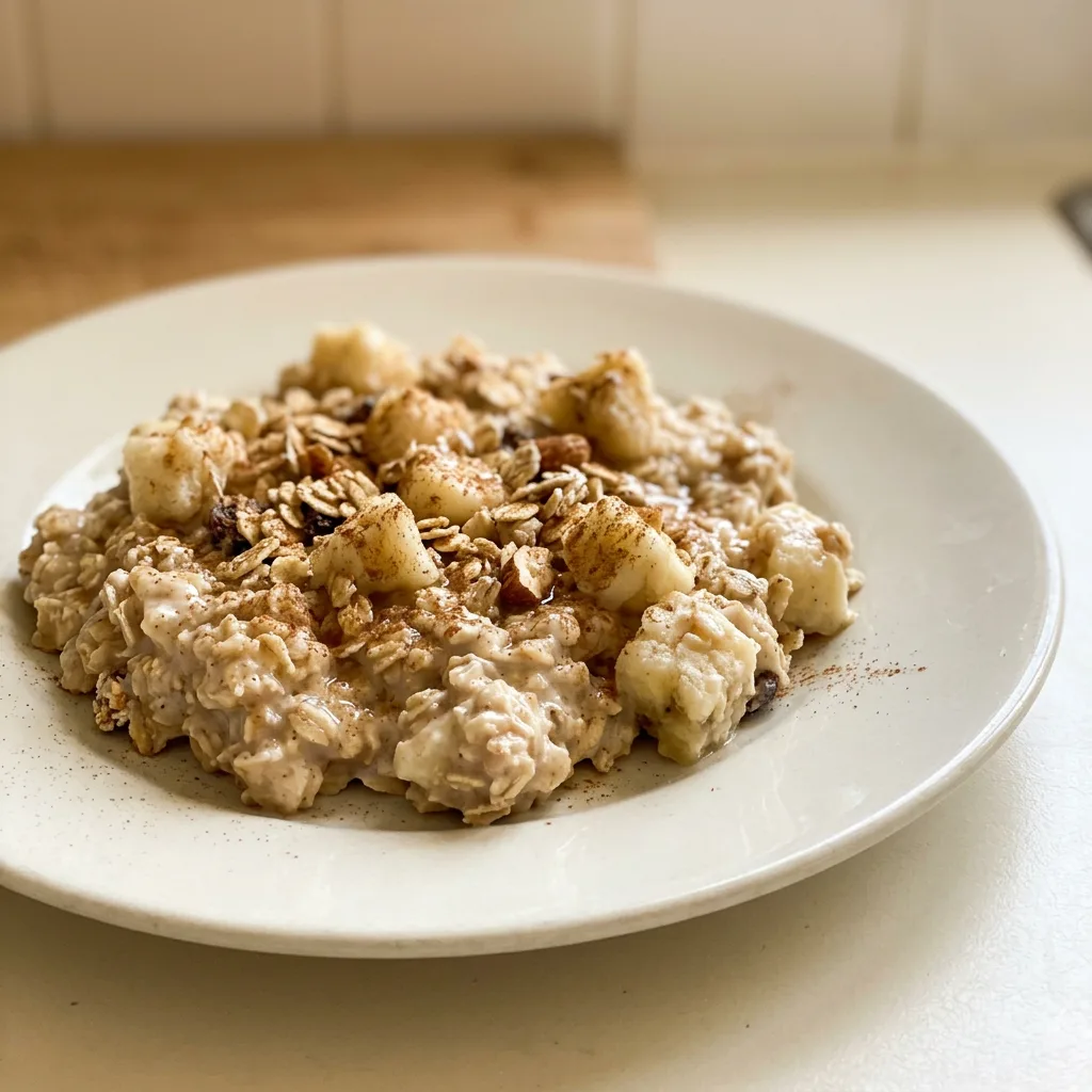 Top-down look at a smoothie bowl with sliced banana, muesli, and cinnamon swirls in thick yogurt.